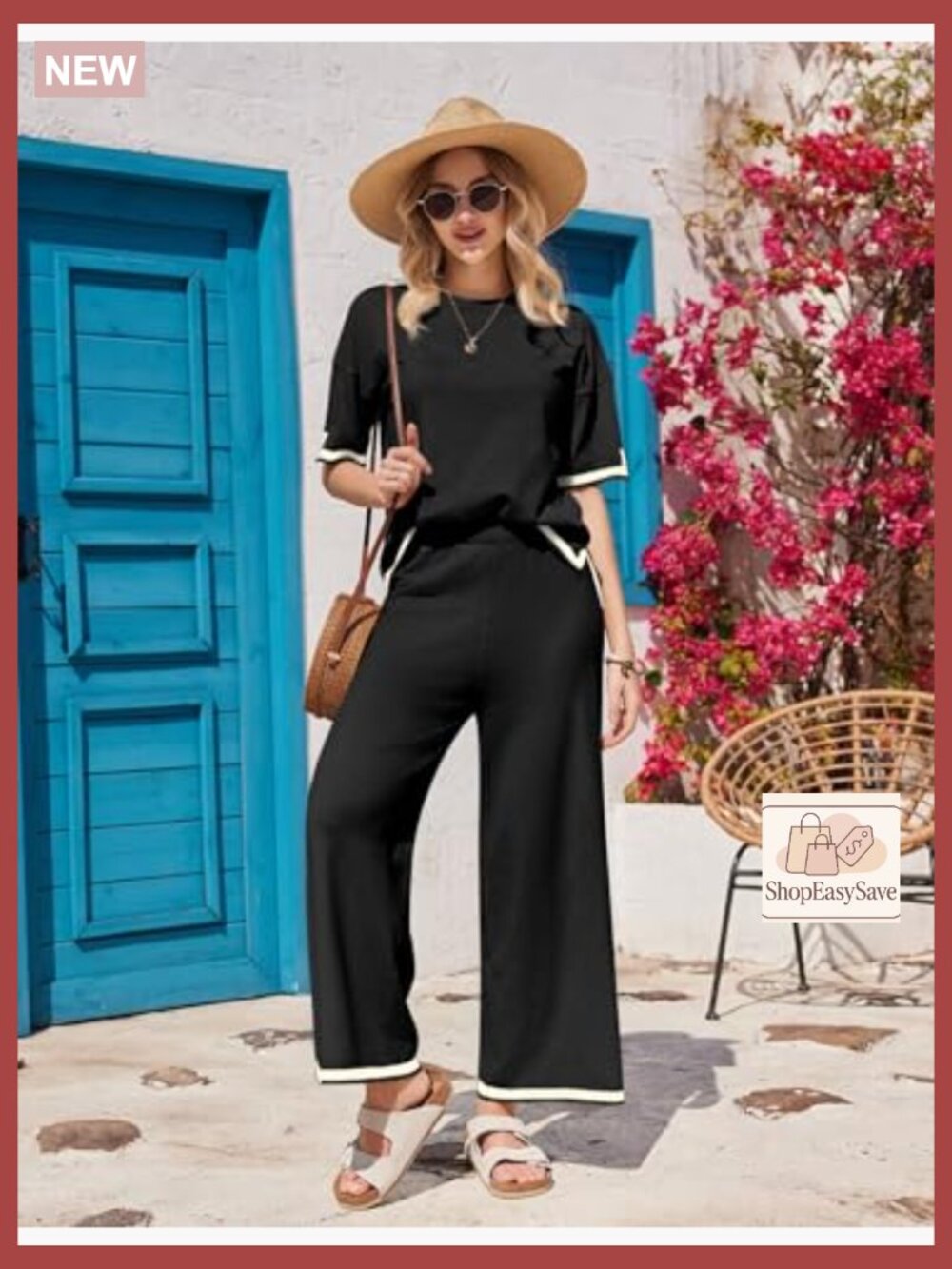 2 Piece Lounge Set Short Sleeve Top Wide Leg Pants Travel Outfit - Picture 2 of 7